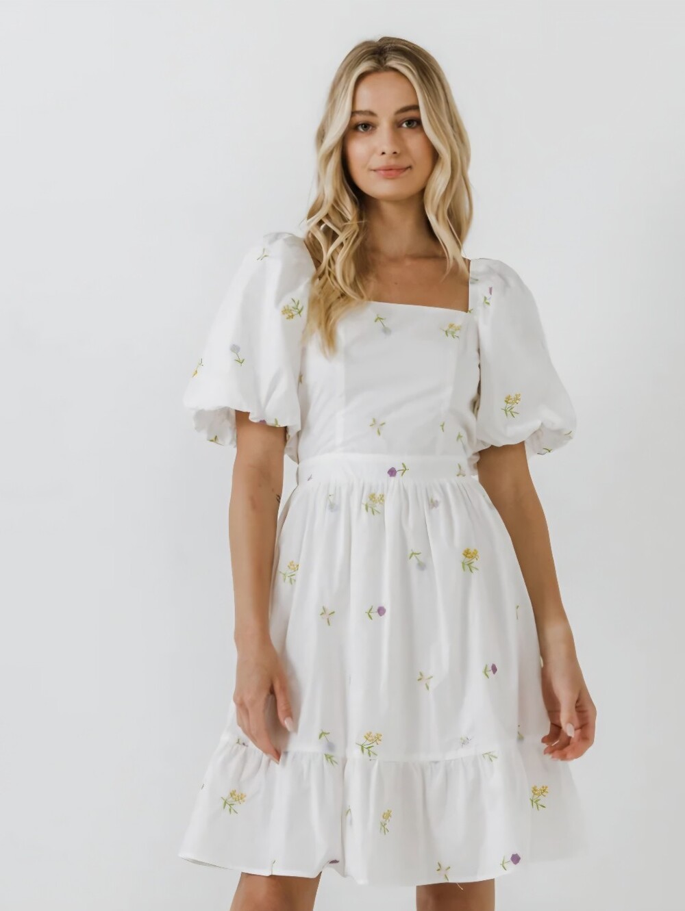 English Factory White Puff-Sleeve Floral Embroidered Dress